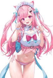 1girl absurdres animal_ear_fluff animal_ears belt blue_bow blush bow bowtie cat_ears cat_girl cat_tail commentary_request fang frilled_sleeves frills hair_bow hair_ornament heart heart_belt_buckle heart_hair_ornament highres indie_virtual_youtuber kaze_22 korean_commentary long_hair looking_at_viewer maid_headdress navel no_pants nose_blush open_mouth panties paw_pose paw_print pink_belt pink_bow pink_bowtie pink_eyes pink_hair pink_shirt puffy_short_sleeves puffy_sleeves shirt short_sleeves side-tie_panties simple_background smile solo striped_clothes striped_panties tail too_many_hair_ornaments two_side_up underwear virtual_youtuber waist_bow white_background white_headdress white_wrist_cuffs wing_hair_ornament wrist_cuffs yuuki_sakuna