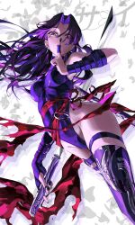 1girl absurdres black_nails boots breasts bridal_gauntlets bug butterfly commentary covered_mouth earrings facial_mark fingernails floating_hair hair_between_eyes hand_up highres holding holding_sword holding_weapon hoop_earrings insect jewelry katana leotard long_fingernails long_hair looking_at_viewer marvel marvel_rivals medium_breasts meltyrice nail_polish pink_butterfly psylocke psylocke_(vengeance) purple_boots purple_eyes purple_hair purple_leotard red_sash sash simple_background solo standing sword thigh_boots weapon white_background