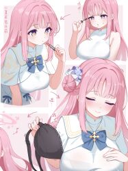 1girl absurdres applying_lipstick applying_makeup applying_own_makeup black_bra blue_archive bra capelet dress hair_bun halo hand_on_own_chest highres long_hair makeup mika_(blue_archive) multiple_views pink_hair removing_bra_under_shirt schjuice scrunchie single_side_bun sleeveless sleeveless_dress solo underwear white_capelet white_dress