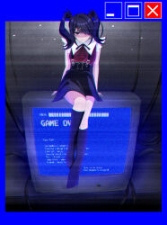 1girl ame-chan_(needy_girl_overdose) black_hair black_leggings blue_border blue_screen_of_death border crt diagonal_bangs hair_ornament hair_over_one_eye hair_tie highres leaning_back leg_lift leggings light_particles looking_at_viewer neck_ribbon needy_girl_overdose outside_border red_shirt ribbon shaded_face shirt short_twintails sidelocks sitting sitting_on_object skirt solo static suspender_skirt suspenders twintails user_hpje3225 window_(computing) x_hair_ornament