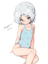 Rule 34 | 1girl, absurdres, blue one-piece swimsuit, brown eyes, casual one-piece swimsuit, dated, feet out of frame, glasses, grey hair, highres, hirato (kancolle), invisible chair, kantai collection, maru (marg0613), one-hour drawing challenge, one-piece swimsuit, short hair, simple background, sitting, solo, swimsuit, twitter username, white background