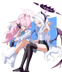 2girls \n/ absurdres ahoge black_gloves black_halo black_horns black_skirt black_thighhighs blue_archive blue_eyes blue_necktie breasts collared_shirt commentary_request demon_girl demon_horns demon_wings fang full_body gloves grey_skirt hair_flaps hair_ornament hairclip halo heterochromia highres hina_(blue_archive) horns hoshino_(blue_archive) huge_ahoge invisible_chair korean_commentary long_hair looking_at_viewer low_wings multiple_girls necktie no_shoes open_mouth parted_bangs partially_fingerless_gloves pencil_skirt pink_hair pink_halo ponytail purple_eyes purple_wings ringed_eyes shirt shirt_tucked_in sitting skirt sleeveless sleeveless_shirt small_breasts smile socks tanghulu_(bbbb1123112) thighhighs very_long_hair white_hair white_shirt white_socks wings yellow_eyes