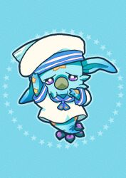 1other absurdres blue_background blue_neckerchief blue_sailor_collar blue_skin chibi clothed_creature colored_skin commentary english_commentary full_body hat highres jojo_no_kimyou_na_bouken looking_at_viewer m_a_a_m_8 neckerchief no_humans other_focus purple_eyes sad sailor sailor_collar sailor_hat sailor_shirt shirt solo stand_(jojo) star_(symbol) star_print steel_ball_run tusk_(stand) tusk_act1 white_hat white_shirt