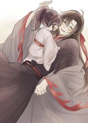 2boys ^_^ aged_down ahoge black_hair black_hanfu blush brown_hair child chinese_clothes closed_eyes coat coat_partially_removed grey_coat hair_down hair_ribbon half_updo hand_on_another&#039;s_head hanfu highres lan_sizhui long_hair long_sleeves lying male_focus modao_zushi multiple_boys off_shoulder official_alternate_costume official_alternate_hairstyle on_back open_clothes open_coat open_mouth ponytail red_ribbon ribbon robe sash semiusa1010 simple_background sitting sitting_on_person smile wei_wuxian wei_wuxian_(yiling_laozu) white_background white_hanfu wide_sleeves