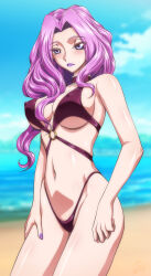Rule 34 | 1girl, beach, bikini, breasts, code geass, cornelia li britannia, covered erect nipples, highres, large breasts, long hair, nail polish, navel, ocean, solo, swimsuit