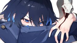 1girl absurdres black_hair blue_eyes blue_hair boros_(ouro_kronii) crying crying_with_eyes_open fallen_angel_(painting) fine_art_parody forked_tongue highres hololive hololive_english hunk_404 multicolored_hair ouro_kronii ouro_kronii_(4th_costume) parody snake solo streaked_hair tears tongue tongue_out virtual_youtuber