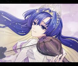 1girl bare_shoulders black_gloves blonde_hair blue_eyes blue_hair bow_(music) closed_mouth colored_inner_hair dress floating_hair gloves gudok hair_intakes hair_ornament hands_up holding holding_bow_(music) instrument kokoshnik letterboxed long_hair looking_at_viewer multicolored_hair music official_alternate_costume ohuman playing_instrument purple_background reverse:1999 single_glove smile solo star_(symbol) star_hair_ornament upper_body very_long_hair voyager_(choir_of_the_stars)_(reverse:1999) voyager_(reverse:1999) white_dress