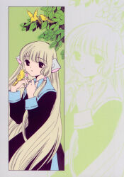 00s 2002 bird black_eyes blonde_hair chii chobits clamp highres long_hair nature official_art outdoors postcard_(medium) very_long_hair