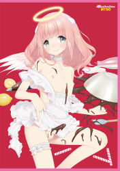 1boy angel apron artist_request blue_eyes blush chocolate chocolate_on_body chocolate_on_penis erection food_on_body halo highres long_hair looking_at_viewer male_focus nipples original penis pink_hair red_background solo testicles trap wings