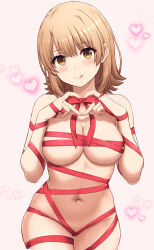 1girl :q blush bow breasts brown_eyes brown_hair cleavage commentary_request cowboy_shot heart heart_hands highres inanaki_shiki isshiki_iroha large_breasts looking_at_viewer medium_hair naked_ribbon red_bow red_ribbon ribbon ribbon_as_bra smile solo standing tongue tongue_out underboob yahari_ore_no_seishun_lovecome_wa_machigatteiru.
