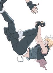 2boys :d absurdres belt black_boots blonde_hair boots camera falling final_fantasy final_fantasy_xv fingerless_gloves garbage_paper gloves happy highres holding holding_camera korean_commentary male_focus multiple_boys open_mouth pants prompto_argentum reaching reaching_towards_another short_hair sleeveless smile white_background