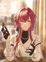 1girl artist_name black_gloves black_sweater blurry blurry_background bracelet chinese_text commentary_request gloves hair_between_eyes hair_bun highres holding honkai:_star_rail honkai_(series) indoors jacket jade_bracelet jewelry jiuleyan kafka_(good_me)_(honkai:_star_rail) kafka_(honkai:_star_rail) long_hair long_sleeves looking_at_viewer necklace parted_lips pearl_necklace red_eyes red_hair single_side_bun smile solo sweater table turtleneck turtleneck_sweater upper_body very_low_bun