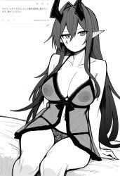 1girl alternate_costume arknights ascalon_(arknights) babydoll bare_shoulders breasts cleavage closed_mouth collarbone greyscale hair_between_eyes hair_intakes highres horns inset large_breasts long_hair looking_at_viewer makigirisu monochrome nipples panties pointy_ears request_inset see-through_clothes sitting solo teardrop_facial_mark translation_request underwear