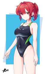1girl absurdres akasha_(v0id_saga) black_one-piece_swimsuit blue_background breasts commentary_request commission competition_swimsuit covered_navel highres medium_breasts medium_hair one-piece_swimsuit original ponytail red_eyes red_hair signature skeb_commission solo swimsuit two-tone_swimsuit