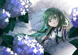 Rule 34 | 1girl, blue flower, flower, green eyes, green hair, highres, holding, holding umbrella, hydrangea, kochiya sanae, long hair, parted lips, rokuya (68 zusao), shirt, snake, solo, touhou, umbrella, upper body, watermark, white shirt