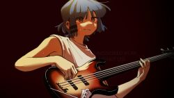 1girl absurdres alternate_costume bass_guitar black_background blue_hair bocchi_the_rock! commentary commission english_commentary english_text hair_ornament hairclip highres holding holding_bass_guitar holding_instrument instrument machuuu68 medium_hair mole mole_under_eye shirt simple_background sleeveless sleeveless_shirt sweat sweatdrop watermark white_shirt yamada_ryo yellow_eyes