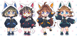 Rule 34 | 4girls, :&lt;, alternate costume, animal hood, arm up, black hair, black jacket, blue eyes, blush, brown hair, chibi, clenched hand, closed mouth, commentary request, full body, glasses, hair between eyes, hair intakes, hair ornament, hairclip, hands in pockets, haruna (kancolle), hiei (kancolle), highres, hood, hood up, hooded jacket, jacket, kantai collection, kirishima (kancolle), kongou (kancolle), le girls, long hair, long sleeves, multiple girls, open mouth, purple eyes, shoes, short hair, sleeves past wrists, sneakers, standing, tail, teeth, tsukko (3ki2ne10), twitter username, upper teeth only, white hood