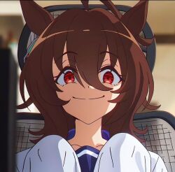 Rule 34 | 1girl, agnes tachyon (umamusume), ahoge, animal ears, anime screenshot, chair, collarbone, crazy eyes, crazy smile, dot nose, female focus, hair between eyes, horse ears, horse girl, long hair, looking at viewer, sleeves past fingers, sleeves past wrists, smile, solo, solo focus, third-party edit, umamusume, umamusume: beginning of a new era, wide sleeves