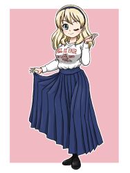 Rule 34 | 1girl, black hairband, black shoes, blonde hair, blue eyes, blue skirt, breasts, closed mouth, clothes pull, darjeeling (girls und panzer), girls und panzer, hairband, large breasts, long hair, long skirt, long sleeves, official alternate costume, official alternate hairstyle, one eye closed, pink background, pleated skirt, print shirt, shirt, shoes, simple background, skirt, skirt pull, slogan, smile, takahashi kurage, textless version, white shirt