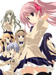 6+girls antenna_hair aoi_sena black_thighhighs blazer blonde_hair blue_hair bow bowtie breasts brown_jacket chaos;head collared_shirt ears_visible_through_hair frilled_skirt frills from_behind from_side frown glasses green_eyes green_hair hair_ribbon hairband high_ponytail highres holding holding_removed_eyewear jacket kishimoto_ayase kusunoki_yua long_hair looking_at_viewer miniskirt multiple_girls necktie nishijou_nanami official_art open_mouth orihara_kozue pantyhose petticoat pink_eyes pink_hair plaid_bow plaid_bowtie plaid_clothes plaid_necktie plaid_skirt plaid_sleeves ponytail purple_bow purple_bowtie purple_eyes purple_hair purple_necktie purple_skirt red_eyes ribbon round_eyewear sakihata_rimi sasaki_mutsumi school_emblem school_uniform shirt short_hair sidelocks skirt smile suimei_academy suimei_school_uniform thick_thighs thighhighs thighs tongue twintails unworn_eyewear white_petticoat white_shirt white_thighhighs zettai_ryouiki
