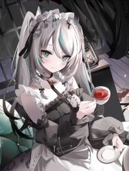 animal_ears bad_tag black_sky braided_sidelocks cake cheek_rest copyright_request cross-laced_clothes cross-laced_sleeves dessert food frilled_straps fuzzy_clothes grey_nails grey_tail highres hinamori_anthea holding holding_saucer indie leopard_ears leopard_tail maid nata_(tool) non-web_source red_pupils saucer sky snow_leopard_tail strawberry_shortcake tail teapot virtual wallpaper_(object)