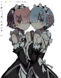 2girls back black_dress black_sleeves blue_eyes blue_hair bowl_cut detached_sleeves dress hair_over_one_eye highres holding_hands interlocked_fingers looking_at_viewer mizunako multiple_girls open_mouth pink_eyes pink_hair ram_(re:zero) re:zero_kara_hajimeru_isekai_seikatsu rem_(re:zero) short_hair siblings sisters sketch twins white_background