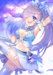 1girl absurdres armpits blue_eyes breasts cheerleader dress highres iris_mysteria! large_breasts miniskirt one_eye_closed patricia_shandy ponytail purple_hair skirt wanokuni_(wakokusforest)