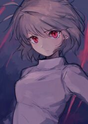 Rule 34 | 1girl, arcueid brunestud, blonde hair, breasts, dark background, highres, medium breasts, muted color, red eyes, solo, sweater, tara3763, tsukihime, upper body, white sweater