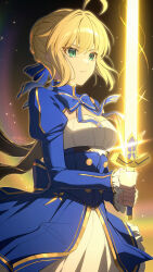 1girl ahoge artoria_pendragon_(fate) blonde_hair blue_bow blue_bowtie blue_dress bow bowtie braid braided_bun breasts cleavage commentary crossover dress excalibur_(fate/stay_night) fate/stay_night fate_(series) green_eyes hair_bun highres holding holding_sword holding_weapon honkai:_star_rail honkai_(series) saber_(fate) saber_(honkai:_star_rail)_(fate) small_breasts so_zei_tama_tama solo sword weapon