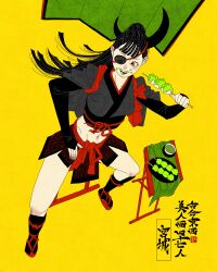 1girl absurdres black_hair black_kimono black_sash black_socks commentary cropped_kimono dango eating english_commentary eyepatch food full_body highres holding holding_food horns japanese_clothes kimono looking_to_the_side midriff miyagi_prefecture navel obi original plate sash sei5osuzuki sitting socks solo wagashi wasabi yellow_background