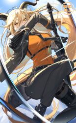 1girl absurdly_long_hair absurdres arknights black_footwear black_gloves black_jacket black_necktie black_pants blonde_hair blue_sky breasts commentary degenbrecher_(arknights) full_body geta_(epicure_no12) glaring gloves goat_horns harness highres holding holding_sword holding_weapon horns jacket jumping lens_flare long_hair looking_at_viewer medium_breasts mountainous_horizon necktie orange_shirt outdoors pants sheath shirt sky solo sword thigh_strap unsheathing very_long_hair watermark weapon yellow_eyes