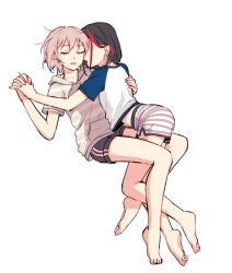 Rule 34 | 2girls, aoba moca, bamboo9545, bang dream!, barefoot, between legs, black hair, black shorts, closed eyes, commentary request, grey hair, grey hoodie, grey shorts, hand on another&#039;s back, holding hands, hood, hoodie, interlocked fingers, mitake ran, multicolored hair, multiple girls, open mouth, red hair, shirt, short hair, short sleeves, shorts, streaked hair, striped clothes, striped hoodie, striped shorts, tears, white shirt, yuri