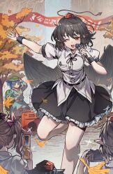2others 3girls ;d banner black_hair black_ribbon black_skirt black_wings blush breast_pocket breasts buttons camera cellphone collared_shirt commentary_request falling_leaves feathered_wings flip_phone foot_out_of_frame frilled_skirt frills hat highres himekaidou_hatate holding holding_microphone kawashiro_nitori lake large_breasts leaf looking_at_viewer microphone multiple_girls multiple_others neck_ribbon one_eye_closed open_mouth outstretched_arm pen phone pocket pointy_ears puffy_short_sleeves puffy_sleeves red_hair red_hat ribbon ribbon-trimmed_shirt ribbon_trim shameimaru_aya shirt shishui_guima short_hair short_sleeves skirt smile speaker standing standing_on_one_leg tokin_hat touhou tree water waterfall white_shirt wings wristband youkai_mountain