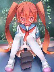 Rule 34 | 1girl, blush, convenient censoring, covering crotch, covering privates, female focus, full body, hair between eyes, long hair, orange eyes, orange hair, panties, school uniform, serafuku, shoes, sitting, solo, tamon (ueno-san wa bukiyou), thighhighs, twintails, ueno-san wa bukiyou, ueno (ueno-san wa bukiyou), underwear, uwabaki, very long hair, wa, wavy mouth, white panties, white thighhighs