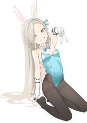 1girl absurdres aged_down alternate_breast_size animal_ears asuna_(blue_archive) asuna_(bunny)_(blue_archive) bad_anatomy bad_arm black_pantyhose blue_archive blue_bow blue_bowtie blue_eyes blue_leotard blue_ribbon bow bowtie detached_collar fake_animal_ears flat_chest gloves grin gyaru_v hair_ribbon highres kneeling leotard light_brown_hair long_hair looking_at_viewer official_alternate_costume pantyhose playboy_bunny rabbit_ears ri-el ribbon simple_background smile solo strapless strapless_leotard v white_background white_gloves