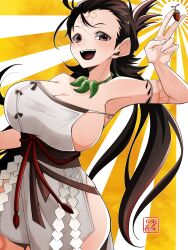 1girl absurdres acorn bare_shoulders body_markings breasts brown_eyes brown_hair cleavage dress facial_mark fate/grand_order fate_(series) forehead forehead_mark highres himiko_(fate) himiko_(first_ascension)_(fate) jewelry large_breasts long_hair looking_at_viewer magatama magatama_necklace necklace open_mouth sash side_slit sideboob smile solo thighs topknot twintails wagu_neru white_dress