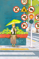 1girl :o absurdres arknights black_shirt blonde_hair brown_skirt chinese_commentary city commentary commentary_request crosswalk day elf english_commentary highres holding holding_umbrella long_hair long_skirt long_sleeves looking_to_the_side lyuqiu mixed-language_commentary muelsyse_(arknights) outdoors parted_lips plant pointy_ears potted_plant road_sign shirt sidelocks sign skirt solo standing traffic_light umbrella wide_shot yellow_eyes