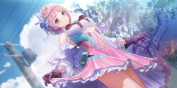 Rule 34 | 1girl, aqua gemstone, back cutout, black bow, black gloves, blue reflection (series), blue reflection sun, blue sky, blush, bow, breasts, brown eyes, closed mouth, clothing cutout, cloud, cowboy shot, day, dutch angle, from below, game cg, gem, gloves, hair ornament, highres, hirahara hiori, jewelry, kishida mel, looking at viewer, magical girl, medium breasts, navel, navel cutout, non-web source, official art, pink hair, power lines, ring, short hair, skirt hold, sky, solo, thighs, tree, utility pole