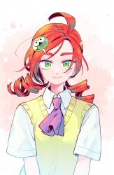 1girl 4lily absurdres ahoge andou_ringo ascot character_hair_ornament closed_mouth collared_shirt commentary_request drill_hair green_eyes hair_ornament highres looking_at_viewer puyopuyo red_hair shirt short_sleeves signature simple_background solo sweater_vest twin_drills upper_body white_shirt yellow_sweater_vest
