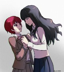 2girls black_hair blush brown_jacket brown_skirt commentary_request cowboy_shot danganronpa_(series) danganronpa_3_(anime) eye_contact freckles gradient_background hajime_(gitoriokawaii) hope&#039;s_peak_academy_school_uniform jacket koizumi_mahiru long_hair long_sleeves looking_at_another multiple_girls neck_ribbon open_clothes open_jacket pleated_skirt red_hair ribbon satou_(danganronpa) school_uniform shirt short_hair skirt sweatdrop twitter_username white_shirt