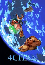 1girl 4chan :d absurdres anniversary bad_source brown_gloves brown_shorts cardboard commentary dated_commentary earth_(planet) english_commentary full_body gloves green_eyes green_hair helmet highres koiwai_yotsuba ladder official_art open_mouth planet ramenwarwok red_shoes shirt shoes short_hair short_sleeves shorts smile solo space space_helmet spacecraft stuffed_animal stuffed_toy teddy_bear upside-down white_shirt yotsubato!