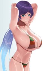 1girl absurdres armpits arms_behind_head bikini breasts cowboy_shot gradient_background green_eyes grin highres large_breasts long_hair looking_at_viewer love_live! love_live!_school_idol_project mizuno_kakeru navel presenting_armpit purple_hair smile solo striped_bikini striped_clothes swimsuit tojo_nozomi twintails