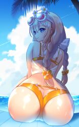 1girl alternate_costume ass ass_focus bare_shoulders bikini blonde_hair blue_eyes blush braid butt_crack flower from_behind goddess_of_victory:_nikke hair_flower hair_ornament huge_ass long_hair looking_at_viewer looking_back rarestone3 sitting smile solo sunglasses sunglasses_on_head swimsuit tove_(nikke) tove_(sunblaze)_(nikke) twin_braids very_long_hair