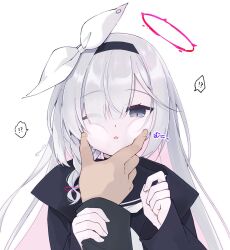 !? 1girl 1other black_coat black_hairband black_sailor_collar black_shirt blue_archive braid coat commentary_request eyelashes grabbing_another&#039;s_arm grabbing_another&#039;s_face hair_over_one_eye hairband halo head_grab highres long_hair long_sleeves looking_at_viewer multicolored_hair neckerchief one_eye_closed pale_skin parted_lips pink_hair plana_(blue_archive) pov pov_hands puffy_cheeks purinpurin red_eyes red_halo ribbon sailor_collar shirt sidelocks twitter_username two-tone_hair upper_body white_background white_hair white_neckerchief white_ribbon