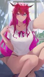 1girl :3 absurdres barefoot black_panties blue_eyes blurry blurry_background blush breasts closed_mouth commentary commission double-parted_bangs double_halo english_commentary hair_between_eyes halo hand_up heterochromia highleg highleg_panties highres hololive hololive_english horns indoors irys_(hololive) large_breasts long_hair looking_at_viewer multicolored_hair no_pants outstretched_arm panties pill pink_eyes pink_hair pointy_ears reaching reaching_towards_viewer red_hair second-party_source shirt sidelocks sitting solo star_(symbol) streaked_hair t-shirt underwear very_long_hair virtual_youtuber white_shirt yoellim5