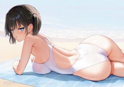 1girl absurdres arm_rest artist_name ass back_cutout bare_arms bare_shoulders beach beach_towel black_hair blue_eyes breast_press breasts clothing_cutout competition_swimsuit day feet_out_of_frame from_behind highleg highleg_one-piece_swimsuit highres jitome large_breasts legs_together looking_at_viewer lying median_furrow mignon nanami_(mignon) non-web_source on_side one-piece_swimsuit original outdoors parted_lips shadow shiny_skin shore short_twintails smile smug striped_towel swimsuit thighs towel twintails twisted_torso water water_drop wet white_one-piece_swimsuit wide_hips