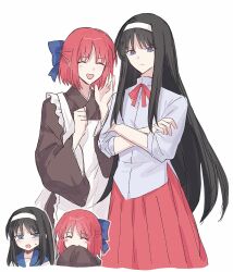 2girls apron black_hair blue_bow blue_eyes blue_sailor_collar blush_stickers bow brown_kimono chibi closed_eyes crossed_arms hair_bow hairband half_updo height_difference highres japanese_clothes kimono kohaku_(tsukihime) looking_at_another looking_at_viewer maid maid_apron multiple_girls nekwnek red_hair red_skirt sailor_collar school_uniform shirt simple_background skirt sleeves_past_fingers sleeves_past_wrists sweatdrop tohno_akiha tsukihime wa_maid white_apron white_background white_hairband white_shirt wide_sleeves
