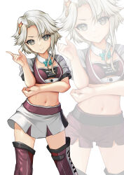 Rule 34 | 1girl, absurdres, akishimo (kancolle), aqua-framed eyewear, aqua bow, aqua bowtie, asymmetrical hair, bandeau, bow, bowtie, braid, brown hair, clothes writing, commentary request, cowboy shot, cropped jacket, detached collar, gradient hair, grey eyes, grey hair, hair ornament, hair ribbon, hand on own elbow, highres, index finger raised, jacket, kantai collection, leaf hair ornament, looking at viewer, midriff, multicolored hair, navel, pleated skirt, purple bandeau, purple shorts, purple thighhighs, race queen, ribbon, short hair, short hair with long locks, shorts, skirt, solo, standing, thighhighs, white background, white jacket, white ribbon, white skirt, yashin (yasinz), zoom layer