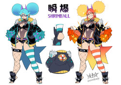 2girls afro_puffs asymmetrical_legwear black_collar black_hair black_shorts blonde_hair blue_hair blue_panties breasts character_name cleavage cleavage_cutout clothing_cutout collar commentary covered_navel double_bun fishnet_thighhighs fishnets gluteal_fold gradient_hair grin hair_bun highleg highleg_leotard highres horizontal-striped_thighhighs horns leotard medium_breasts micro_shorts multicolored_hair multiple_girls nail_polish open-toe_shoes orange_eyes orange_hair orange_panties original panties purple_eyes purple_horns ryuusei_(mark_ii) shorts shrimball_(ryuusei_(mark_ii)) signature smile spiked_thighlet thick_eyebrows thighhighs tiptoes toenail_polish toenails twitter_username underwear v-shaped_eyebrows vambraces
