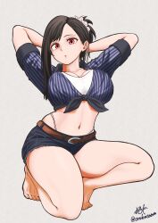 1girl adjusting_hair arms_up bare_legs barefoot black_hair breasts brown_eyes cleavage crop_top final_fantasy final_fantasy_vii final_fantasy_vii_rebirth final_fantasy_vii_remake front-tie_top grey_background highres kneeling large_breasts looking_at_viewer navel official_alternate_costume official_alternate_hairstyle short_shorts shorts simple_background solo stomach thong tifa_lockhart tifa_lockhart_(majestic_glamour) wolkat